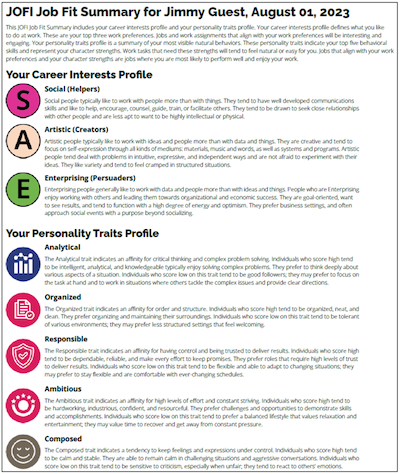 Example of the JOFI Job Fit Summary