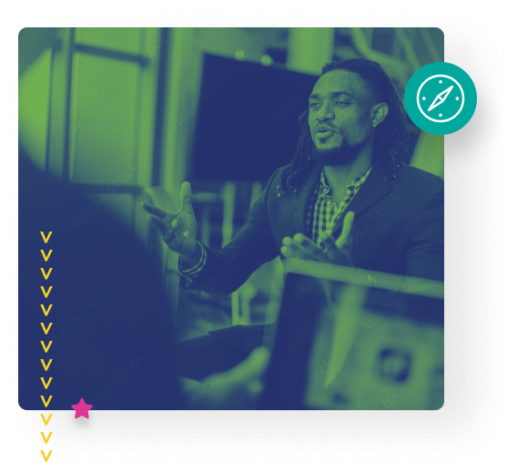man talking in business setting with compass icon